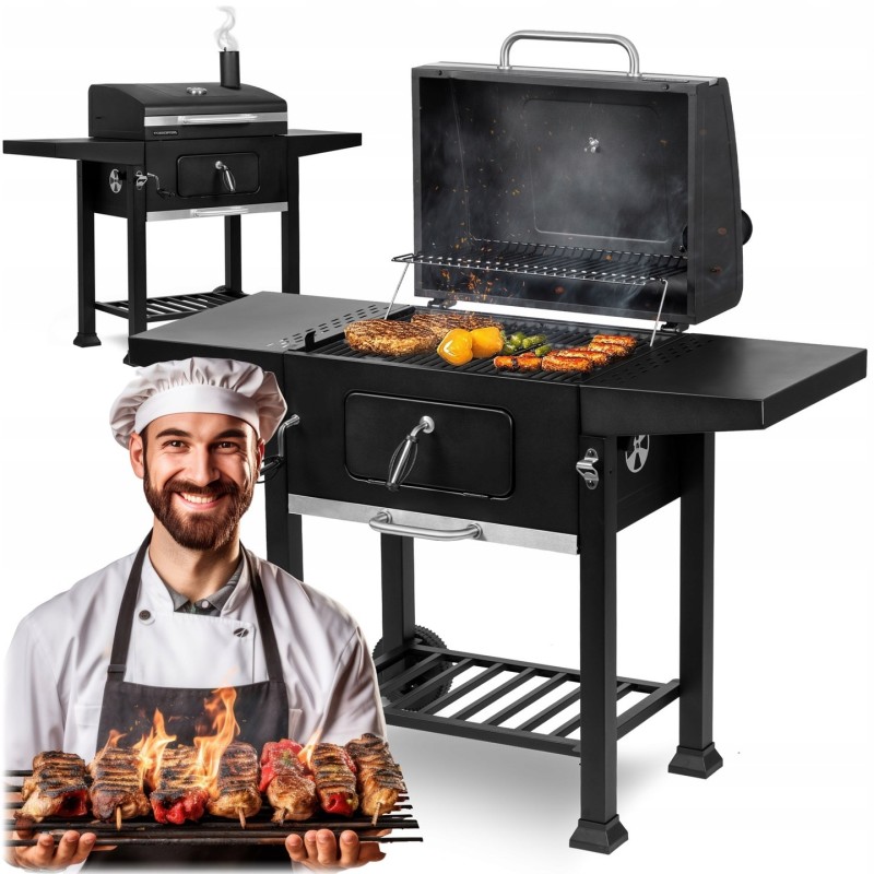 Anglies grilis su dangteliu, ketaus grotelėmis, termometru, kaminu