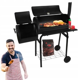 Didelė anglinė sodo kepsninė su rūkykla ir dangteliu ant 2 Kaminer ratų