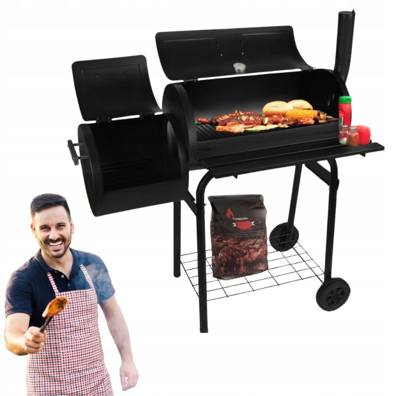 Didelė anglinė sodo kepsninė su rūkykla ir dangteliu ant 2 Kaminer ratų