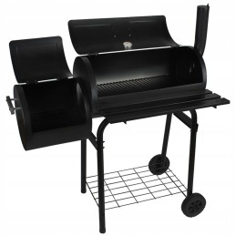 Didelė anglinė sodo kepsninė su rūkykla ir dangteliu ant 2 Kaminer ratų