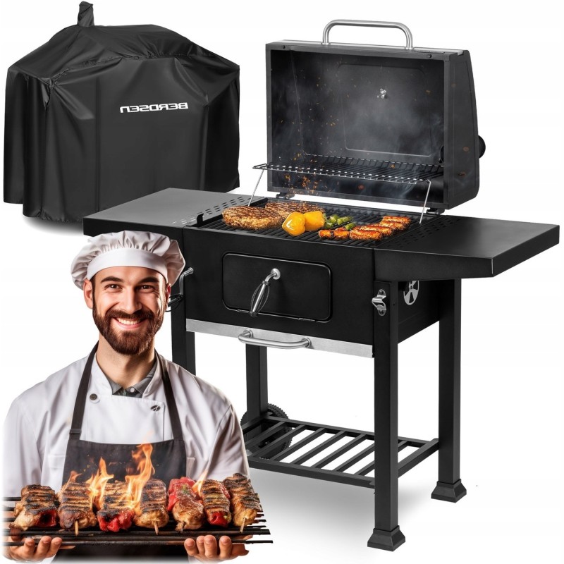 Anglies kepsninė su dangteliu, ketaus grotelės, termometras, kaminas, dvi lentynos + dangtis