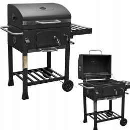 Anglies grilis su didelės talpos dangteliu ant ratukų, plačiomis lentyninėmis grotelėmis