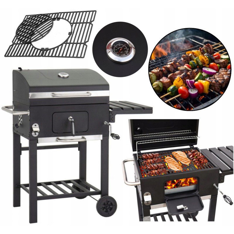 Sodo kepsninė su anglimis su ketaus grotelėmis ir termometru, dengiančiu dvi dideles groteles