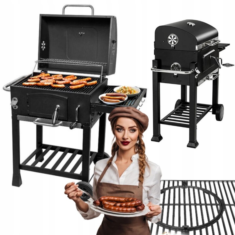 Sodo anglies grilis ant ratukų, didelės lentynos, pelenų keptuvė, grotelių dangtis