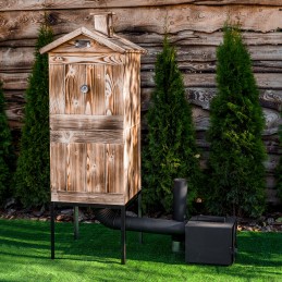 Dviejų kamerų medinė sodo rūkykla su kaminu