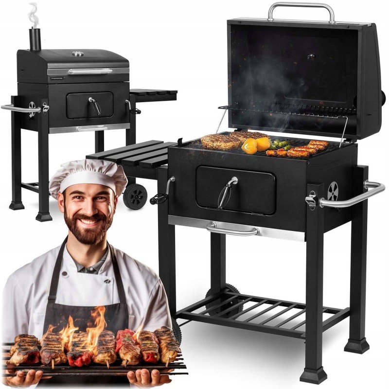 Grilis su anglimis su dangteliu, ketaus grotelėmis, termometru, kaminu + dangteliu