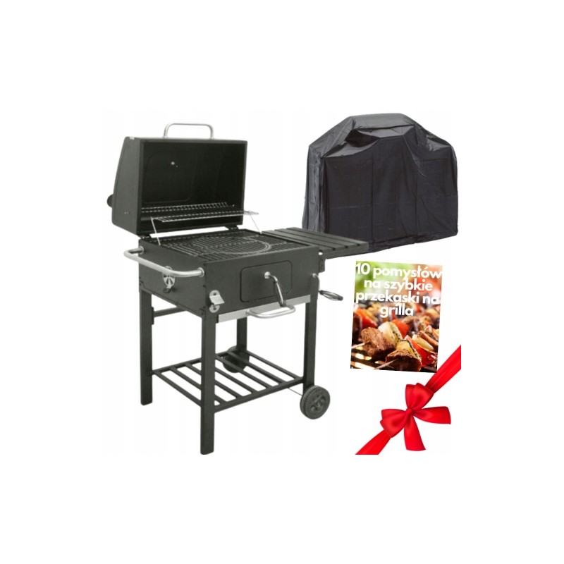 Ketaus medžio anglies grilis, didelės, stabilios grotelės su ratukais ir lentynomis, dangtelis