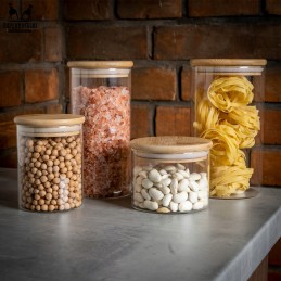 Stiklinis indelis/talpykla 420 ml su mediniu bambukiniu dangteliu ir sandarikliu