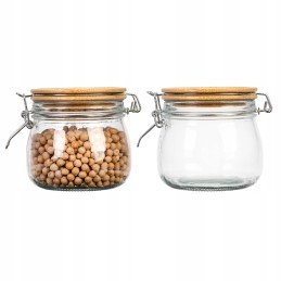 Stiklinis indelis / talpa 450 ml su mediniu bambukiniu dangteliu + mechaniniu uždarymu + sandarikliu