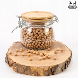 Stiklinis indelis / talpa 450 ml su mediniu bambukiniu dangteliu + mechaniniu uždarymu + sandarikliu