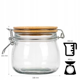 Stiklinis indelis / talpa 450 ml su mediniu bambukiniu dangteliu + mechaniniu uždarymu + sandarikliu