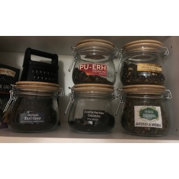 Stiklinis indelis / talpa 450 ml su mediniu bambukiniu dangteliu + mechaniniu uždarymu + sandarikliu