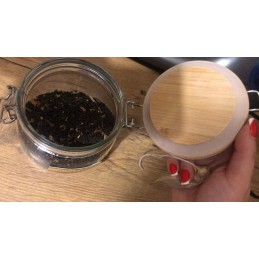 Stiklinis indelis / talpa 450 ml su mediniu bambukiniu dangteliu + mechaniniu uždarymu + sandarikliu