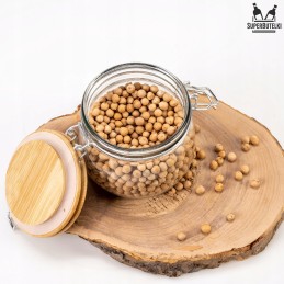 Stiklinis indelis / talpa 450 ml su mediniu bambukiniu dangteliu + mechaniniu uždarymu + sandarikliu