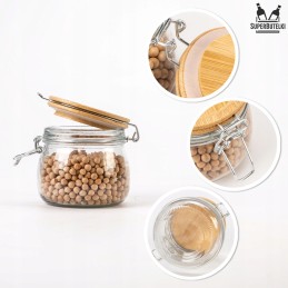 Stiklinis indelis / talpa 450 ml su mediniu bambukiniu dangteliu + mechaniniu uždarymu + sandarikliu