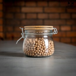 Stiklinis indelis / talpa 450 ml su mediniu bambukiniu dangteliu + mechaniniu uždarymu + sandarikliu