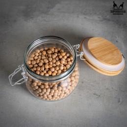 Stiklinis indelis / talpa 450 ml su mediniu bambukiniu dangteliu + mechaniniu uždarymu + sandarikliu