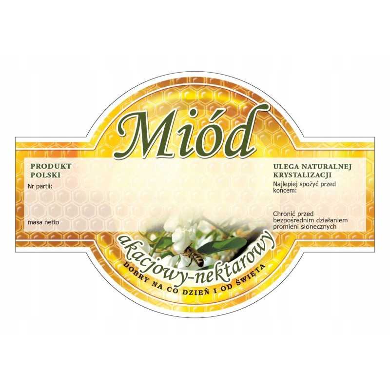 Pakuotė apvalių etikečių/lipdukų akacijų medui (100 vnt) - raštas e256