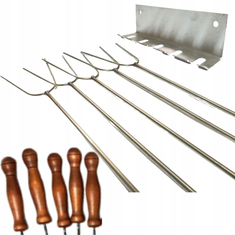 Nerūdijančio plieno kepsninės laužo lazdos 120cm 5 vnt šakutės + kabykla