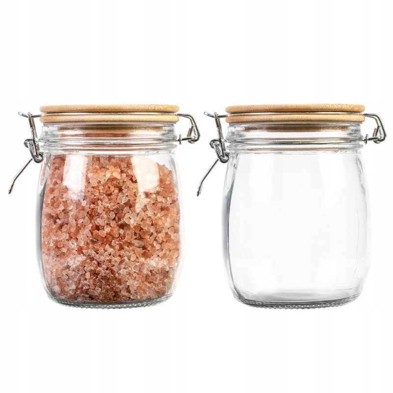 Stiklinis indelis / talpa 700 ml su mediniu bambukiniu dangteliu + mechaniniu uždarymu + sandarikliu