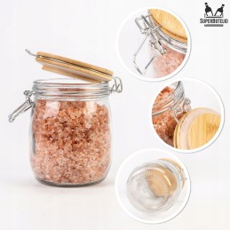 Stiklinis indelis / talpa 700 ml su mediniu bambukiniu dangteliu + mechaniniu uždarymu + sandarikliu