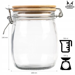 Stiklinis indelis / talpa 700 ml su mediniu bambukiniu dangteliu + mechaniniu uždarymu + sandarikliu