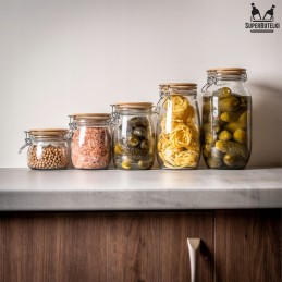 Stiklinis indelis / talpa 700 ml su mediniu bambukiniu dangteliu + mechaniniu uždarymu + sandarikliu