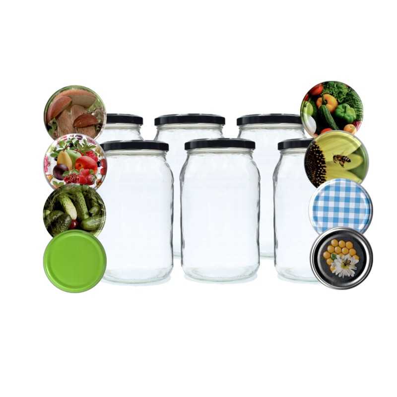 6x 0,9l 900ml stiklainis su spalvingu dangteliu