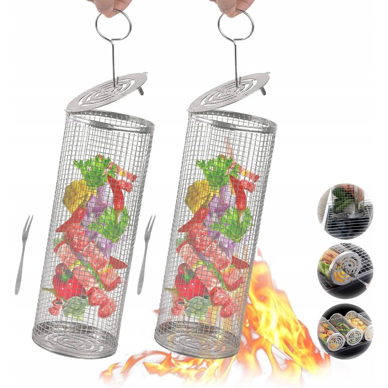 2x grilio krepšelis daržovių mėsos žuvies grilis 30cm apvalių konteinerių rinkinys