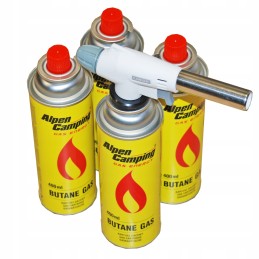 Liepsnos pistoleto dujų degiklis su automatiniu pjezo uždegimu + 4 Alpen stovyklavimo dujos