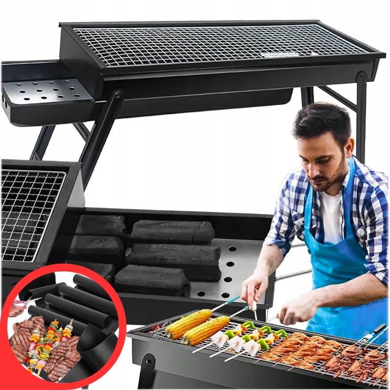 Turistinis sulankstomas anglies grilis, nešiojamas, didelis, solidus kempingas, 4 bbq kilimėliai