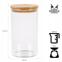 Stiklinis indas / talpa 1000 ml su mediniu bambuko dangteliu ir sandarikliu
