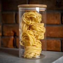 Stiklinis indas / talpa 1000 ml su mediniu bambuko dangteliu ir sandarikliu