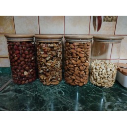 Stiklinis indas / talpa 1000 ml su mediniu bambuko dangteliu ir sandarikliu