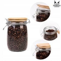 Stiklinis indas / talpa 1000 ml su mediniu bambukiniu dangteliu + mechaniniu uždoriu + sandarikliu