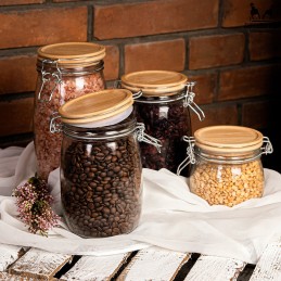 Stiklinis indas / talpa 1000 ml su mediniu bambukiniu dangteliu + mechaniniu uždoriu + sandarikliu