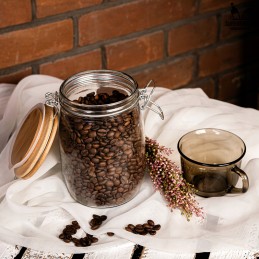 Stiklinis indas / talpa 1000 ml su mediniu bambukiniu dangteliu + mechaniniu uždoriu + sandarikliu