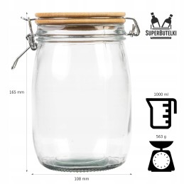 Stiklinis indas / talpa 1000 ml su mediniu bambukiniu dangteliu + mechaniniu uždoriu + sandarikliu