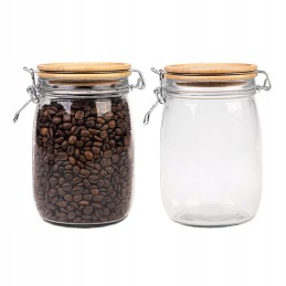 Stiklinis indas / talpa 1000 ml su mediniu bambukiniu dangteliu + mechaniniu uždoriu + sandarikliu
