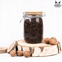 Stiklinis indas / talpa 1000 ml su mediniu bambukiniu dangteliu + mechaniniu uždoriu + sandarikliu