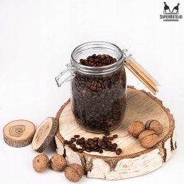 Stiklinis indas / talpa 1000 ml su mediniu bambukiniu dangteliu + mechaniniu uždoriu + sandarikliu