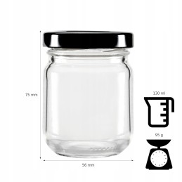 Stiklinis 130 ml indas su metaliniu dangteliu, skersmuo 53 mm.