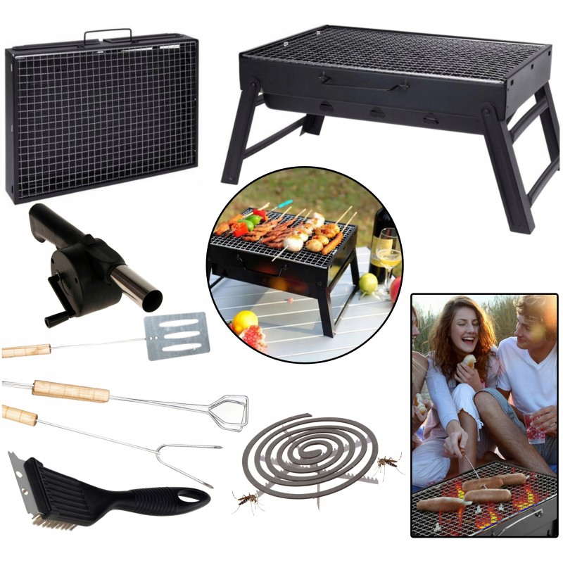 Sulankstomos sodo anglies kepsninės turistams, mega kepsnių komplektas, priedai