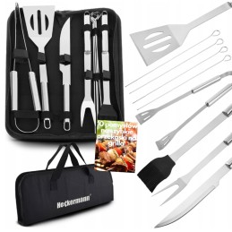 Grilio reikmenų rinkinys iš 9 stalo įrankių priedų, šakutės, mentelės ir plieninio peilio