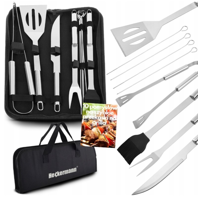 Grilio reikmenų rinkinys iš 9 stalo įrankių priedų, šakutės, mentelės ir plieninio peilio