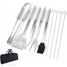 Grilio reikmenų rinkinys iš 9 stalo įrankių priedų, šakutės, mentelės ir plieninio peilio