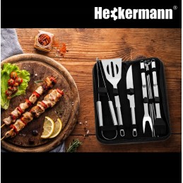 Grilio reikmenų rinkinys iš 9 stalo įrankių priedų, šakutės, mentelės ir plieninio peilio