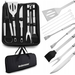 Grilio reikmenų rinkinys iš 9 stalo įrankių priedų, šakutės, mentelės ir plieninio peilio