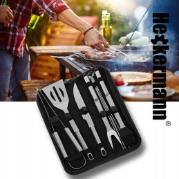 Grilio reikmenų rinkinys iš 9 stalo įrankių priedų, šakutės, mentelės ir plieninio peilio