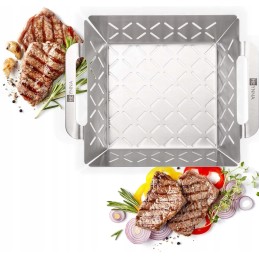 Grilio grotelės, kepimas, kvadratinis plieninis padėklas, grilio padėklas